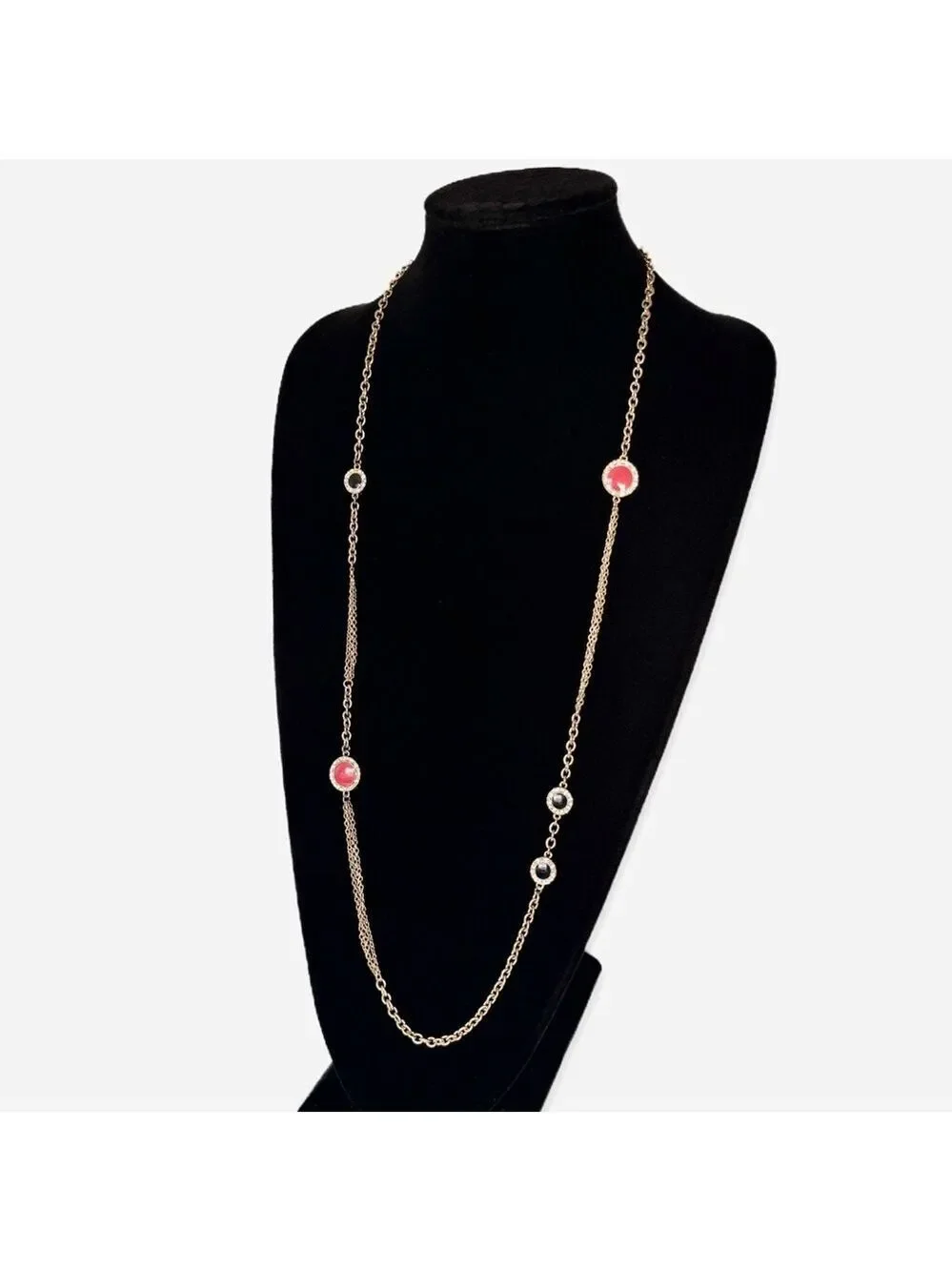 J Crew Gold Station Necklace Red & Black Enamel Discs w Crystal Accents | NWT